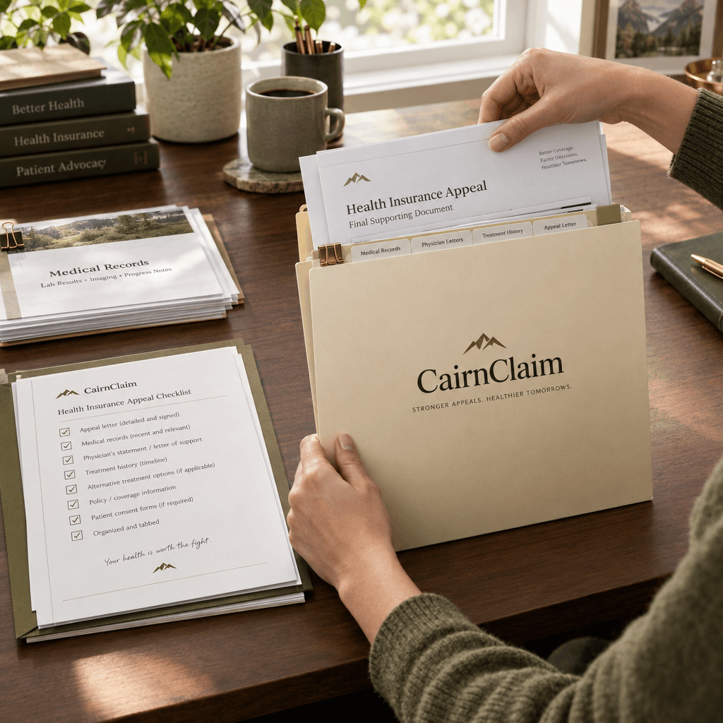 Hands organizing a health insurance denial notice and supporting papers into a CairnClaim folder.